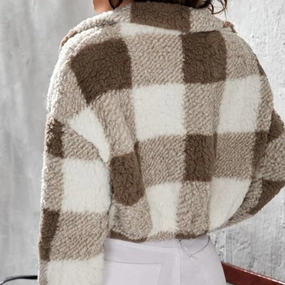 Brown Buffalo Plaid Teddy Zipper Coat in L - Picture 2 of 4